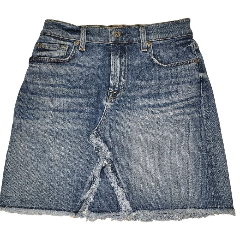7 For All Mankind Luxe Vintage Frayed Hem Blue Denim Mini Skirt Size 26 Western